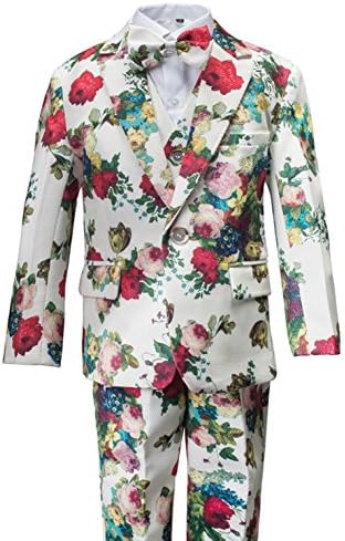 Gele Boy 6 Pieces Floral Formal Dress Suit,Slim Fit Tuxedo Set (10, White)