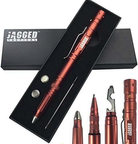 Multi Use Tactical Pen Survival Tool - Multi Tool + LED Tactical Flashlight + Ballpoint Pen + Glass Breaker. Complete with Extra Accessories and Gift Box (Red)