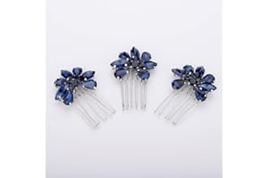 Teyglen Simple Rhinestones Crystal Bride Wedding Hair Comb Set Handmade Red Blue Black Crystal Side Hair Combs Bridal Hair Jewelry Set for Women Bride Girls (Dark Blue)