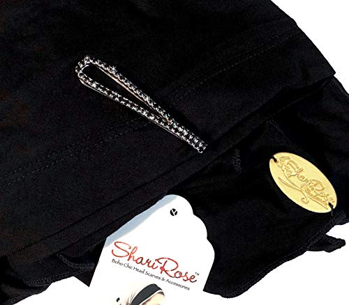 ShariRose Pre-Tied Cotton Headwear Headscarf Chemo Cancer & Tichel Friendly Over 30 Colors! (Black Rhinestone Clip)