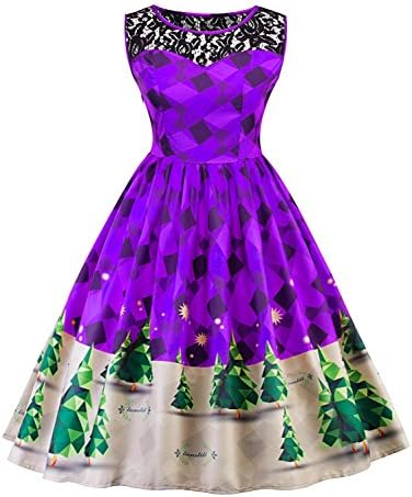 Desirca Vintage Lace Christmas Pin Up Skater Sleeveless Party Dress 1950S Snow Vintage Plus Size 5XL Vestidos Purple XXL