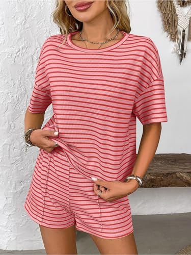 crazy bean Women's Summer 2 Piece Casual Shorts and Top T-Shirt Short Sleeve Striped Round Neck Sports Tracksuit Set