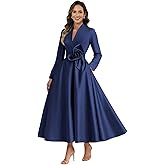 Xuzey Long Sleeve Satin Mother of The Bride Dresses Tea Length for Wedding 3D Flower Formal Evening Gown with Pockets