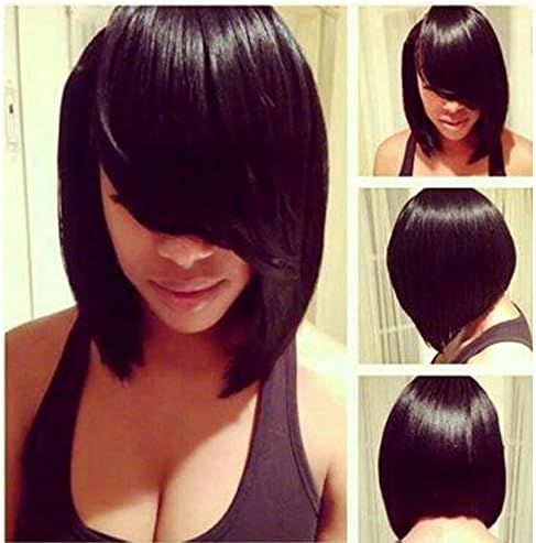 KUNMEI Short Wigs for Women with Bangs -Black Bob Wigs Synthetic Heat Resistant Fiber Straight Wig with a Free Wig Cap