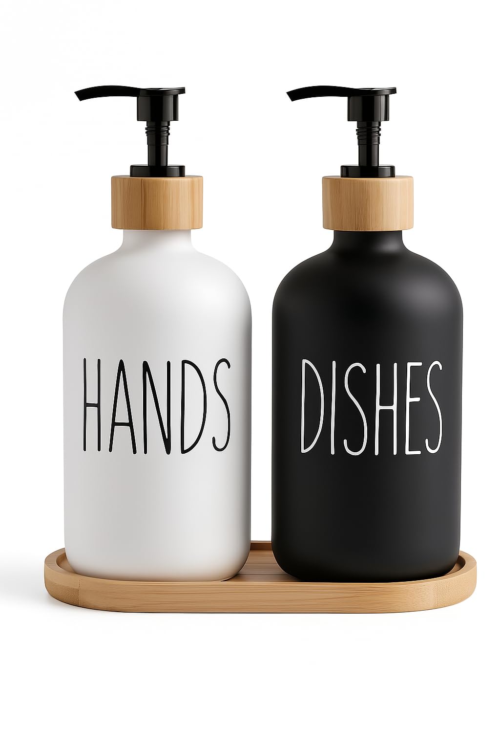 Beautiful Kitchen Hand and Dish Soap Dispenser Set with Wooden Base | Dispenses Dishsoap and Hand Wash Liquid | Black Fortified Glass Bottles with Pump | Refillable | Stylish Black White