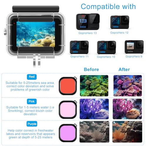 ShipeeKin Accessories Kit for Gopro Hero 13 12 11 10 9, Waterproof Case Floating Handle Chest Strap Head Strap Wrist Strap Super Clamp Handlebar Mount Diving Filters Inserts Anti-Fog