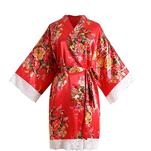 CofeeMO Satin Floral Print Kimono Lace Short Robe Pajamas for Women,Sexy Long Sleeve Ladies Sleepwear(Red,Free Size)