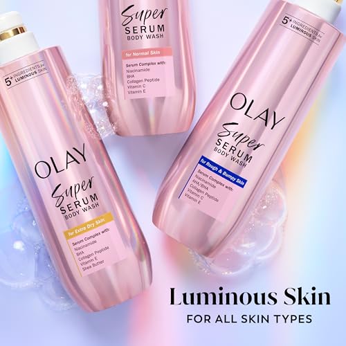 OLAY SUPER SERUM BODY WASH FOR EXTRA DRY SKIN, 24HR LONG LASTING HYDRATION, 5+ INGREDIENT COMPLEX FOR BRIGHT EVEN FIRM LUMINOUS SKIN, WITH VITAMIN E, AND SHEA BUTTER 18.5 FL OZ