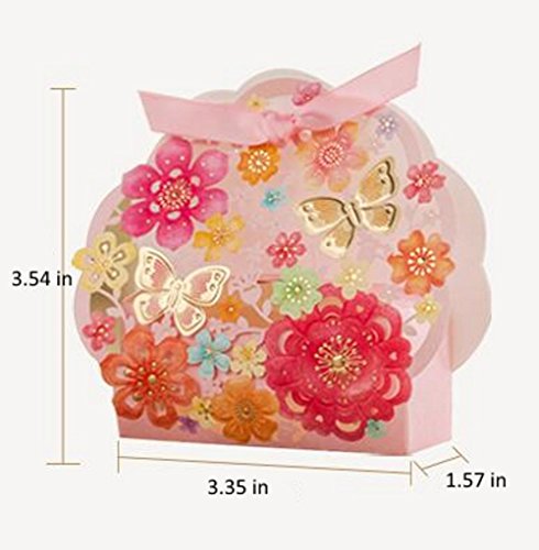 Finex® 100 pcs Premium Korean Wedding Design *Butterfly Couple Flying on Flowers* Party Favors Candy Boxes with Pre-cut Ribbons *Hollow Carved Laser Die Cut Gold Foil Embossing* DIY Chocolate box