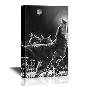 Pack Of Wolves Howling At Moon - Canvas Art
