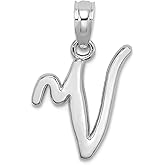 JewelryWeb 10k White Gold V Script Letter Name Personalized Monogram Initial High Polish Charm Pendant Necklace for Women