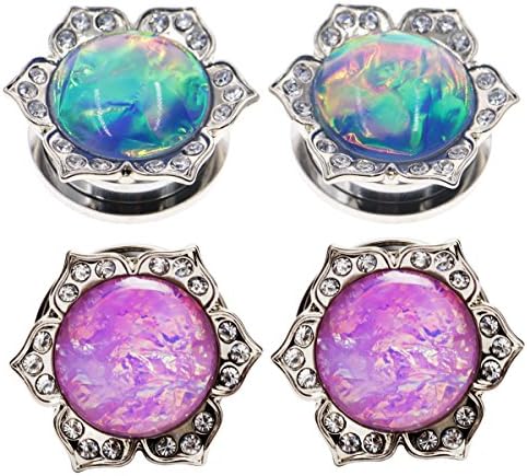 Yunsion Pair Ear Piercings Plugs Tunnels Blue/Pink Opal Center Stainless Steel Flare Screw Back Plugs Gauges 2 Pair Size "22"mm