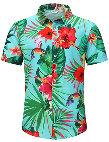 SheLucki Hawaiian Shirt for Men, Unisex Summer Beach Casual Short Sleeve Button Down Shirts, Printed Palmshadow Clothing Pineapple Light Blue S