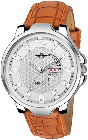 Minsk Analogue White Dial Leather Strap Day and Date Men's and Boy's Watch