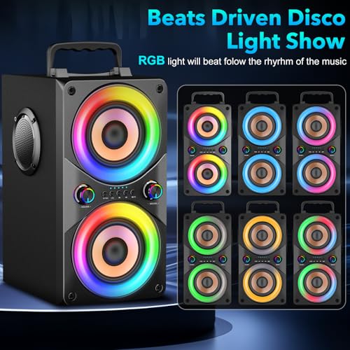 RRNUY 100W Portable Bluetooth Speaker with Subwoofer & LED Light - Powerful Boombox with Powerful Bass, Wooden Housing and TWS for Outdoor Party