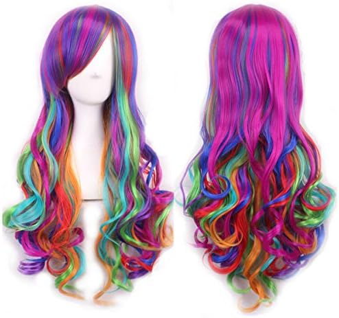 HAIRWORLD BeautySum Rainbow Dash Purple Synthetic Wig with Bangs Colorful Loose Wave Curly Heat Resistant Natural Fiber with Elastic Straps Wavy Halloween Costume Party Cosplay Wig