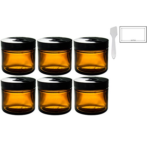 Amber Glass Straight Sided Jar - 2 oz (6 Pack) + Spatulas and Labels