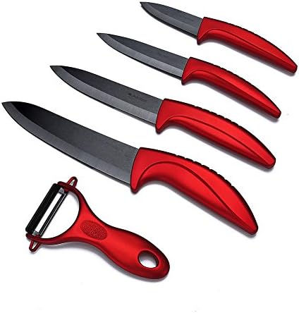Ceramic Knife Set, 9 Pieces Cutlery Chef Kitchen Knives With Sheaths - Red Handle, Black Blade For Cutting Fruits Vegetables &amp; Meats With A Fruit