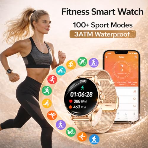 Smart Watch for Women, 1.27'' Ladies Smartwatch with Bluetooth Call Heart Rate SpO2 Sleep Monitor, 110+ Sports Modes, Step Counter, IP68 Waterproof Fitness Tracker for Android iOS, 2 Bands, Rose Gold