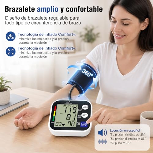 Baumanómetro Digital de Brazo MUINAIFTE (Negro) | Baumanómetro Digital Medidor de Presión Arterial ,Brazalete Ajustable 22-36 cm，Baumanómetro Digital Pantalla LCD Grande