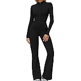 GOYLPNP Women Workout Flare Jumpsuit Zip Up Romper Bottom Fleece Lined Long Sleeve One Piece Tummy Control Yoga Outfits