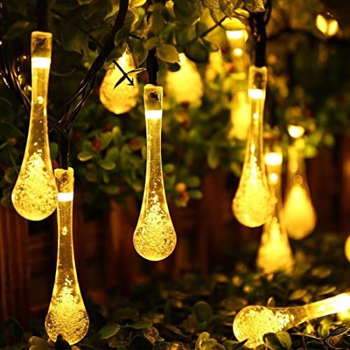 Gargar Waterproof Outdoor Solar Powered Led 20ft String lights 30 Water Drop Shape Bulbs Hanging Rope Decorative Light for Patio, Christmas, Tree Decoration, Yard, Garden Home, Wedding, Valentine Gift