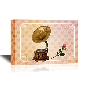 Music Canvas Wall Art - Vintage Gramophone and Rose - Gallery Wrap Modern Home Art | Ready to Hang - 12x18 inches