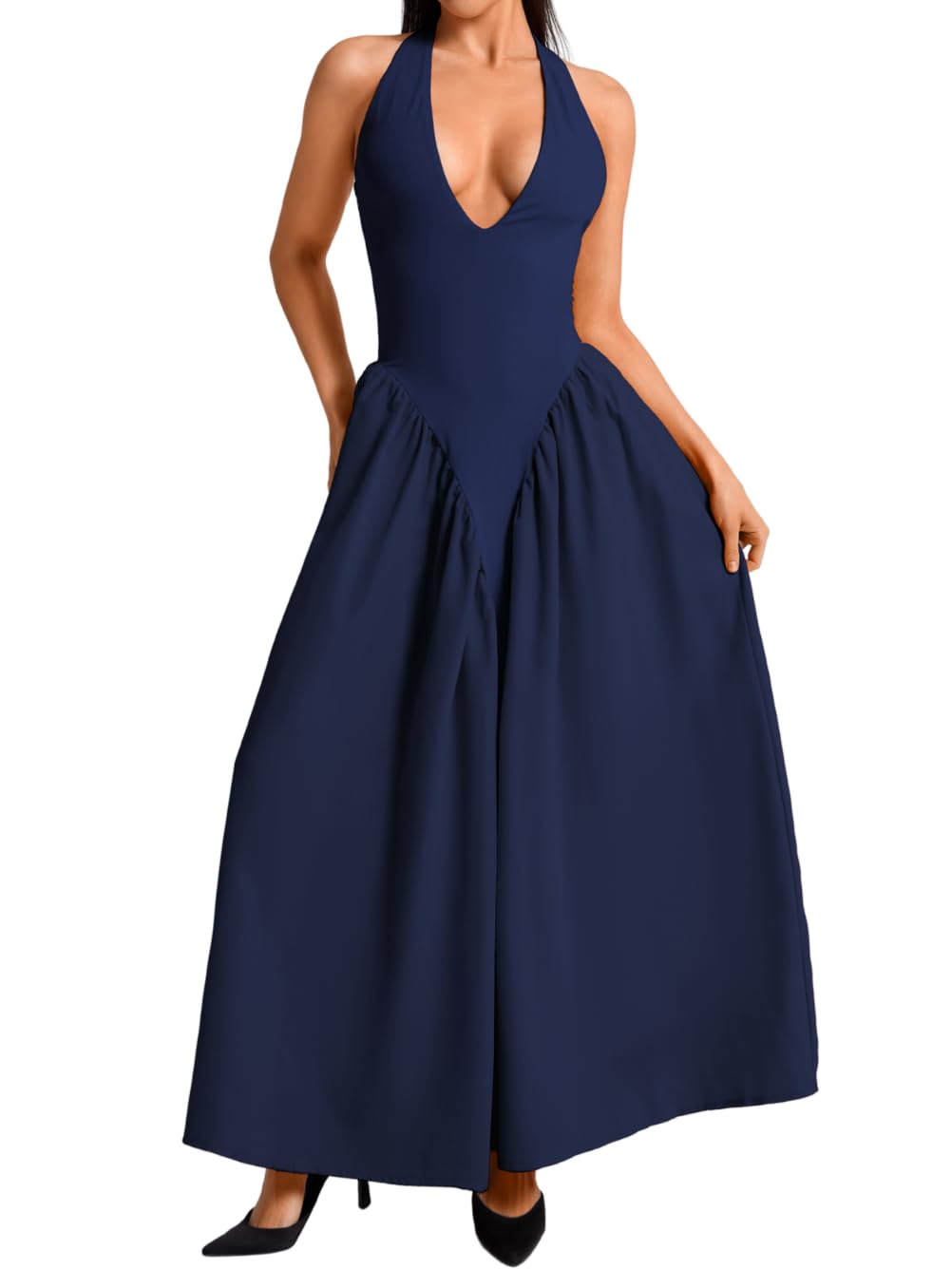 Photo 1 of ChiaoLezhee Deep V Neck Dress, Halter Maxi Dresses, Vacation Date Night, Sexy for Women Corset Flowy Wedding Guest Drop Waist Bridesmaid A Line Pastel Backless Semi Formal Cocktail, Navy Blue, Small
