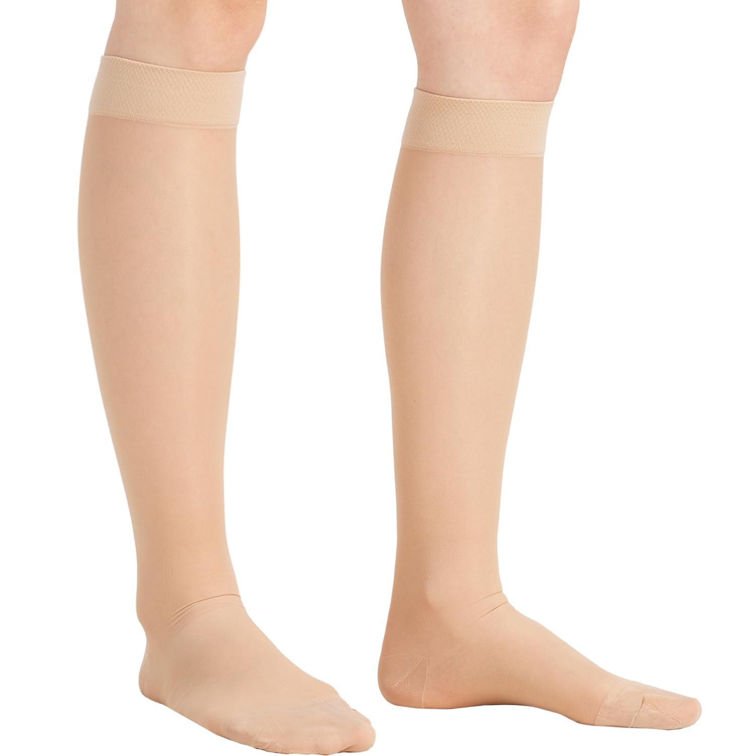 Photo 1 of Sheer Compression Stockings for Women - Knee High 15-20 mmHg Support Hose Compression Socks for Improving Circulation, Leg Fatigue and Swelling, Nude, Small