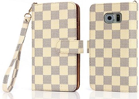 For Samsung galaxy s 6 7 8 + plus note Luxury Famous Deluxe Monogram Flowers Grid Leather Flip Filo Wallet Bag Card Cash Case Cover S (Grid White, Samsung galaxy note 5)