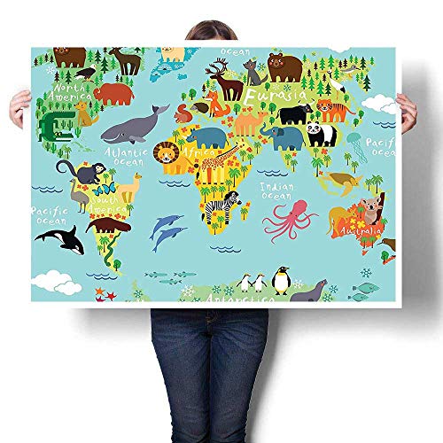 SCOCICI1588 Canvas Wall Art Romantic Oil Painting,Kids Wanderlust Decor
Forest Animals Map of The World for Children and Kids Oils,Prints on
Canvas Painting,20" W x 12" L(Frameless)