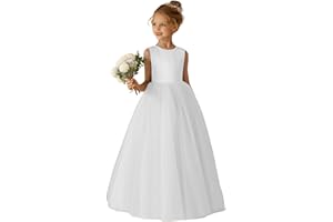 Amatesay Elegant O-Neck Flower Girl Dress for Wedding Girl's Pearls Formal First Communion Dresses with Bowknot