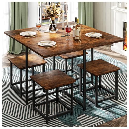 Comedor 4 Personas Mesa 80x80 cm con 4 Taburetes Negro Vintage | Juego de comedor compacto para 4 personas, ideal para departamentos, cocinas pequeñas y espacios modernos.