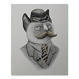 Dapper Mustached Cat Art Print Funny Vintage Persian Siamese Kitten Feline Animal Lover Poster Bowler Hat Tie Suit Home Decor 8 x 10 Inches
