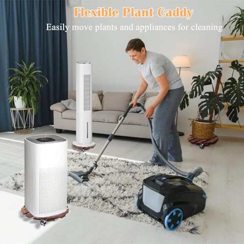 Plant Caddy, 2 PCS 14" with 5 Wheels, Rolling Plant Stand 220 LB Heavy Duty, Wooden Plant Dolly with Metal 360° Lockable Caster Wheels, for Outdoor Indoor Large Plant Pots, Flower Pot, Patio (Round)