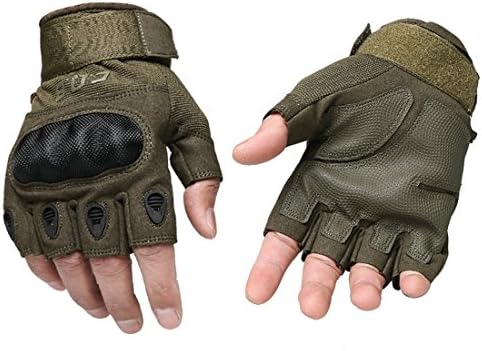 CQB Outdoor Hiking Riding Cycling Tactical Carbon Fibre Armor Men's Gloves (Fingerless Green, S)