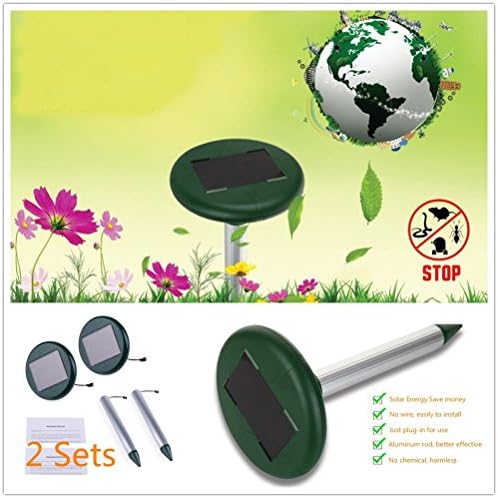 solar mole repeller, sonic mole repeller, Solar Rodent Repeller, 2 Pack Solar Sonic Mole Repellent Repel Mole Gopher Vole Rodent Repeller Spike Waterproof