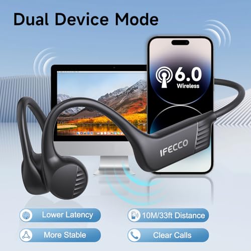 IFECCO Auriculares Conduccion Osea IP67 Impermeables | Cascos Osea con Micrófono,Bluetooth 6.0,para Correr Ciclismo Fitness,Oído Abierto