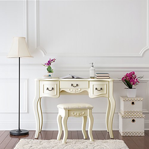 Fineboard FB-VT04-IVW Vanity Beauty Station Makeup Table and Wooden Stool 3 Mirrors and 5 Organization DrawersÂ Set, Ivory White