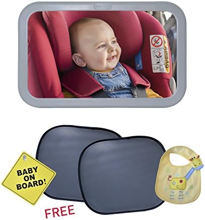 Baby Car Mirror For Viewing Infant In Crystal Clear View At All Angles Enhanced Visibility Matte Finish Stable &amp; Safe Design - FREE Car Sun Shades, Baby On Board Sign And Baby Bib Included