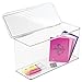 mDesign Long Plastic Stackable Home, Office Supplies Storage Organizer Box with Attached Hinged Lid - Holder Bin for Note Pads, Gel Pens, Staples, Dry Erase Markers, Tape - 7
