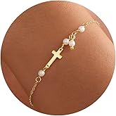 Turandoss Gold Cross Bracelets for Women - 14K Gold Plated Satellite Bead CZ Pearl Holy Mary Medal Cross Bracelet Dainty Bracelets for Women Faith Jewelry Christian Baptism Religious Gifts