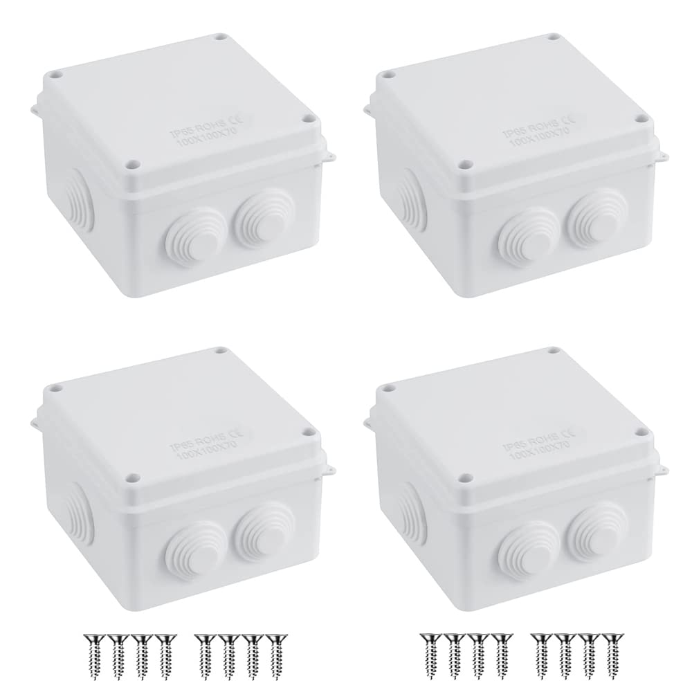 Pack of 4 Black IP65 Junction Box, ABS Plastic Outdoor External Electrical Enclosure Box, Universal Weatherproof Surface Mounted CCTV Junction Boxes (100x100x70mm) – AVARTEK (White)