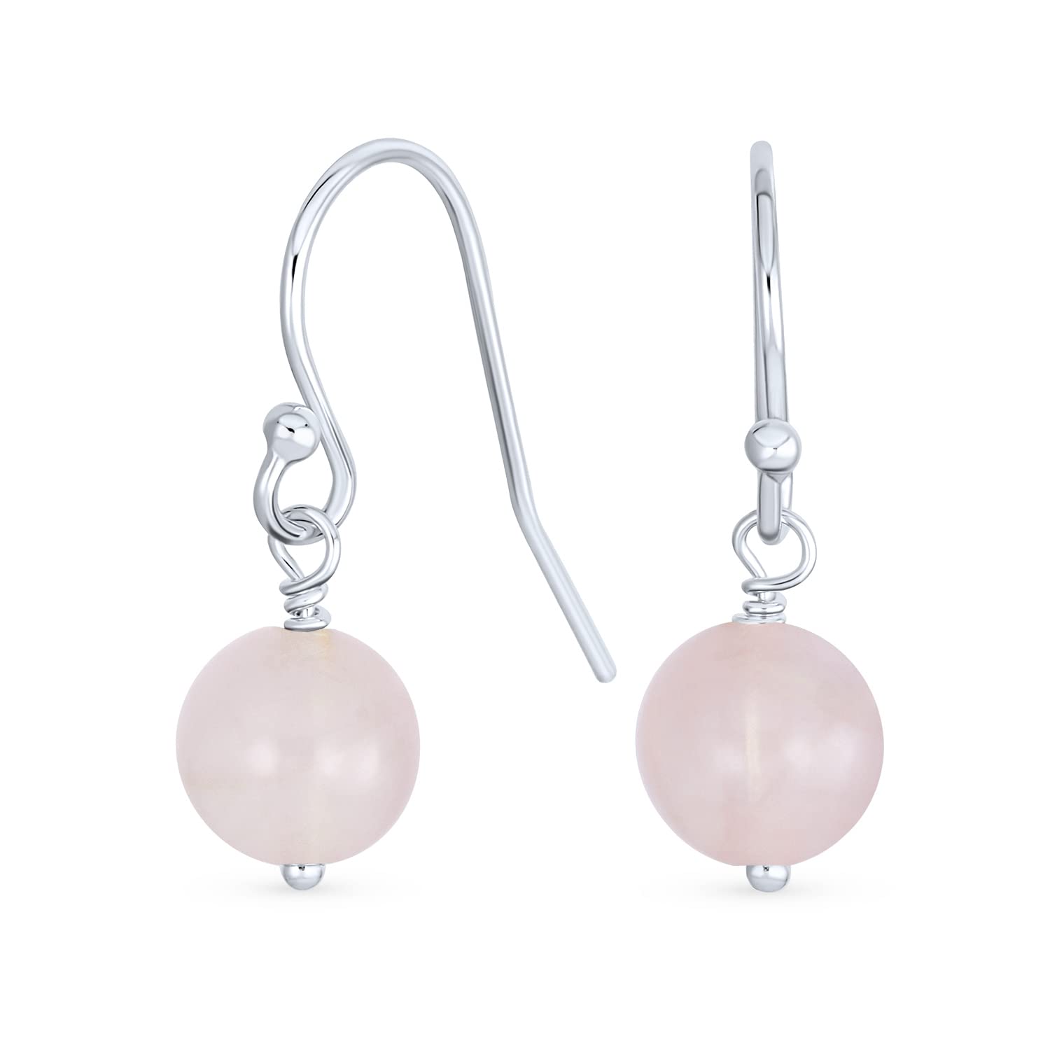 Simple Round Bead Light Pink Rose Quartz French Fish Hook Wire Ball Drop Earrings For Women.925 Sterling Silver February Birthstone