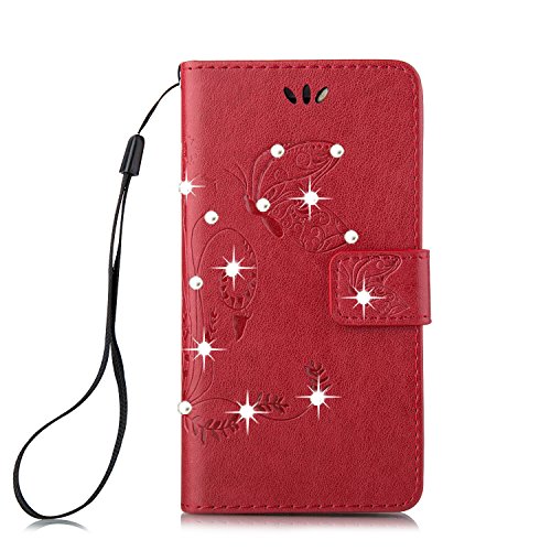 Berry Accessory(TM) 3D Fashion Wallet PU Leather with Beauty Printing Flowers Butterfly [Card Holders] Flip Cover with Hand Strap for Samsung Galaxy J1 Ace / J110 (Red + Bling)