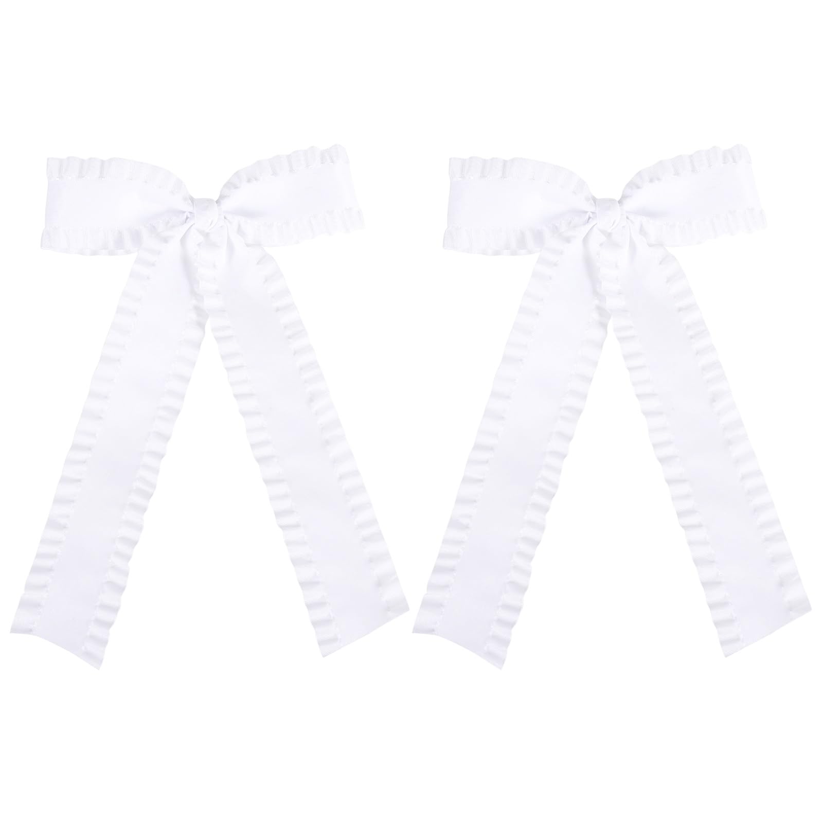 Photo 1 of 2Pcs Ruffle Ribbon Hair Bows for Women Girls,Big White Silky Satin Tassel Bowknot Hair Clips Barrettes with Long Tail Toddler Teens Kids Ponytail Holder Decor Accessories 5.5in