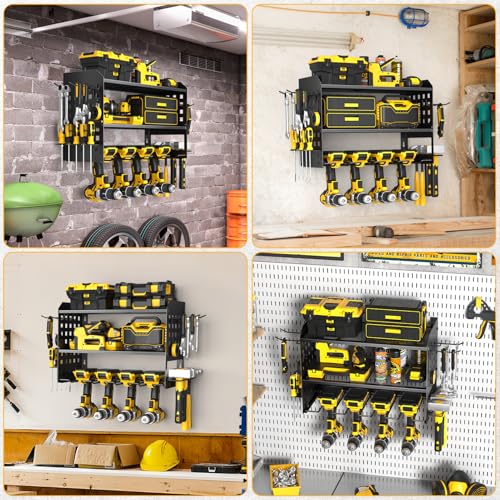 Yeabett 3 Level Tool Wall Mount, Tool Storage for 4 Power Tools, Tool Wall Mount for Garage, Workshop, 42.5 x 20 x 31 cm (Black)