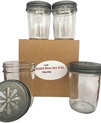 Vented Daisy Lid Glass Jars Pewter Colored Lids, Pack of 4, 8 oz Jars, for Aromatherapy and Craft Projects