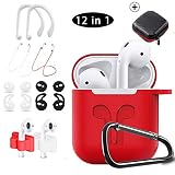 AirPods Case,KHTONE 12 in 1 Silicone AirPods Accessories Set Protective Cover, Compatible with Apple AirPods Charging Case,Watch Band Airpods Holder/Ear Hooks/Keychain//Carrying Box(Red)