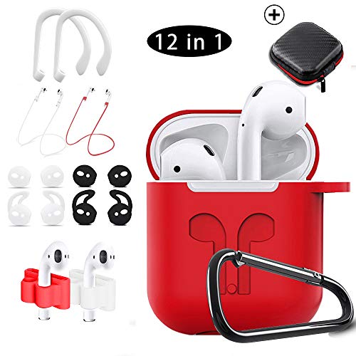 AirPods Case,KHTONE 12 in 1 Silicone AirPods Accessories Set Protective Cover, Compatible with Apple AirPods Charging Case,Watch Band Airpods Holder/Ear Hooks/Keychain//Carrying Box（Red）